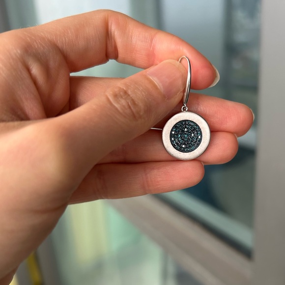 Blue diamond and silver disk drop earrings - Picture 3 of 5